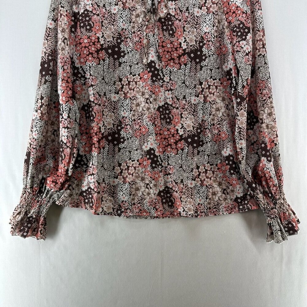 Simple Fun Top Womens Sz S Peasant Blouse Floral Tie Neck Long Sleeve Brown/Pink - Picture 6 of 11